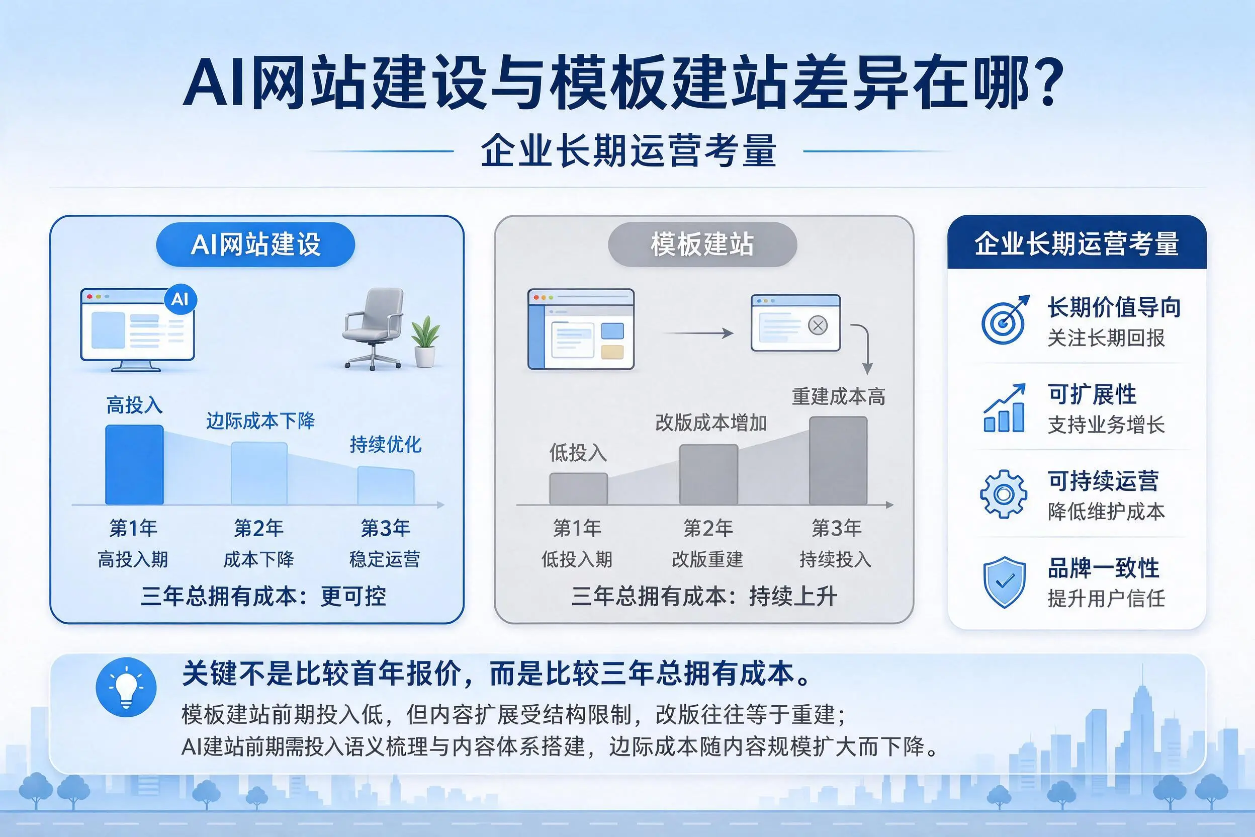 AI网站建设与模板建站差异在哪?中卫企业长期运营考量